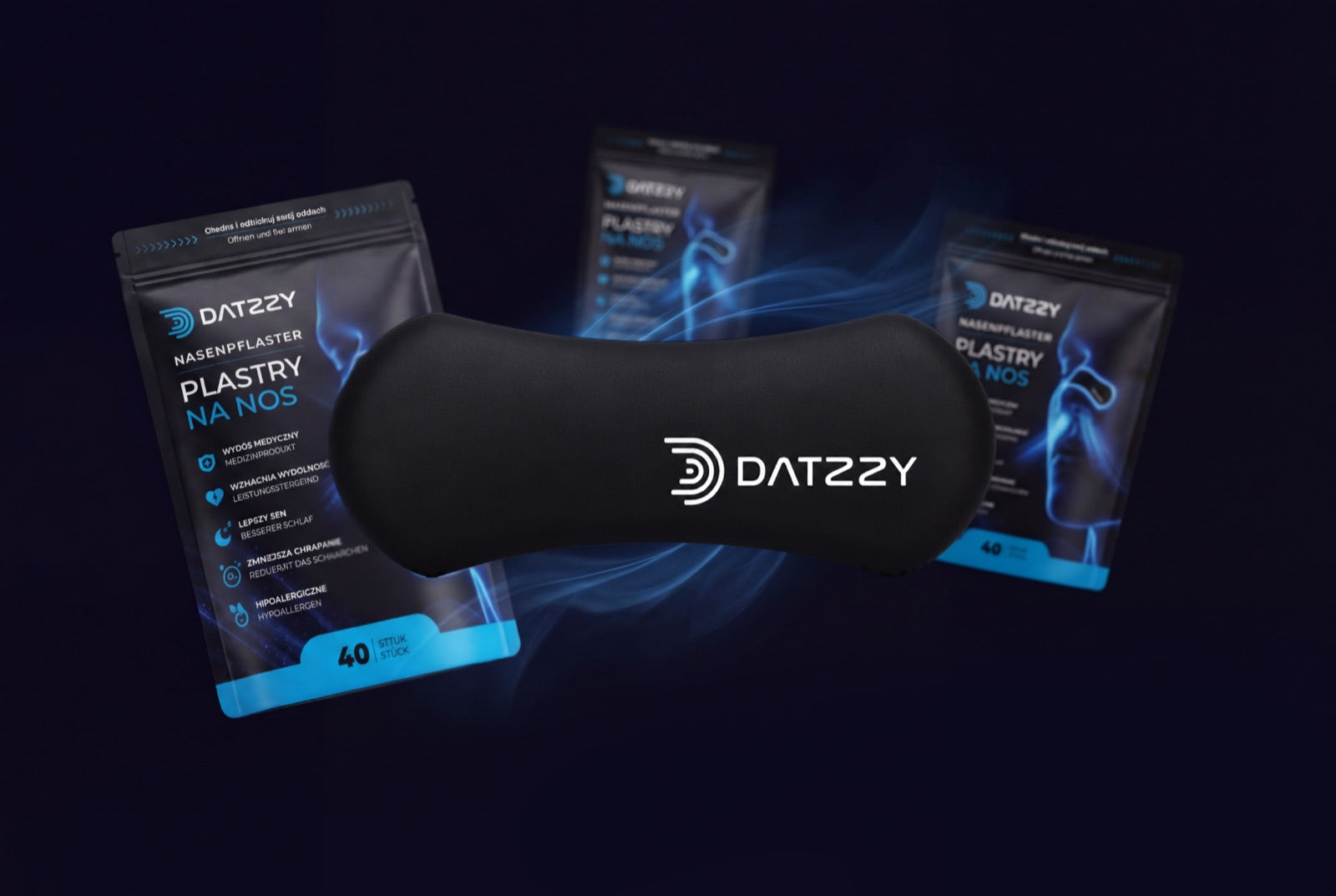 Opakowania plastrów na nos DATZZY obok czarnego plastra na nos